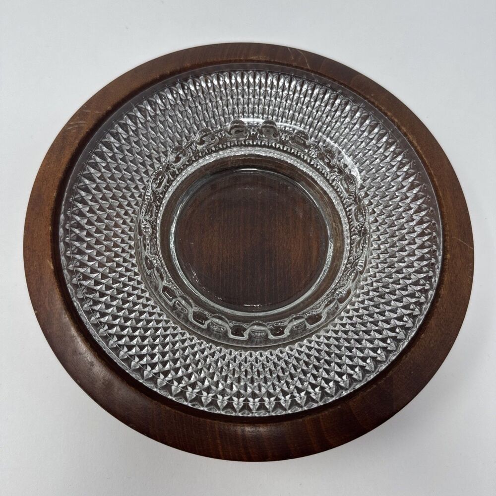 Vintage MCM Anchor Hocking Clear Glass Hobnail Ashtray with custom wood bowl